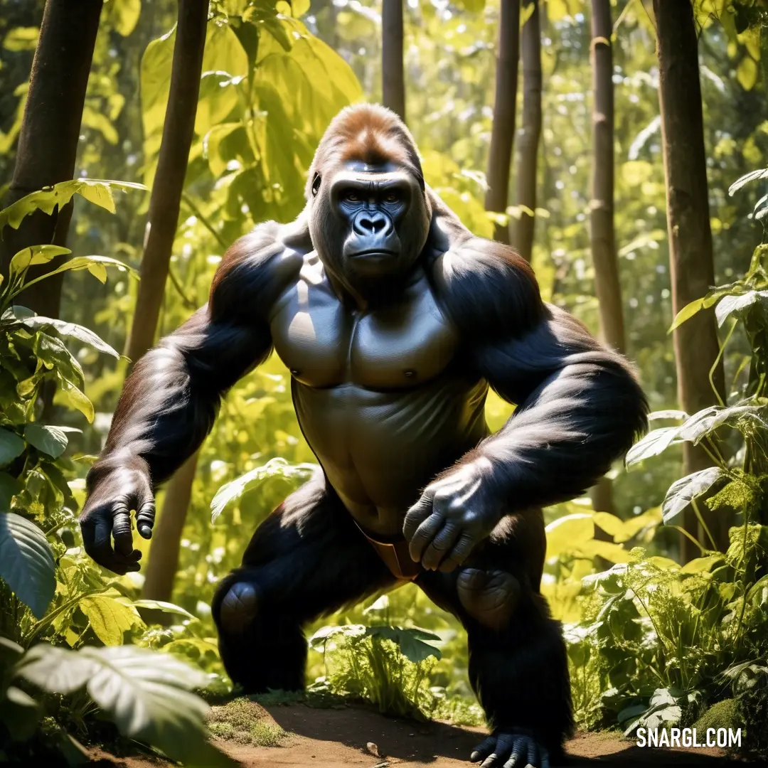 Gorilla standing in the middle of a forest with trees and bushes behind it