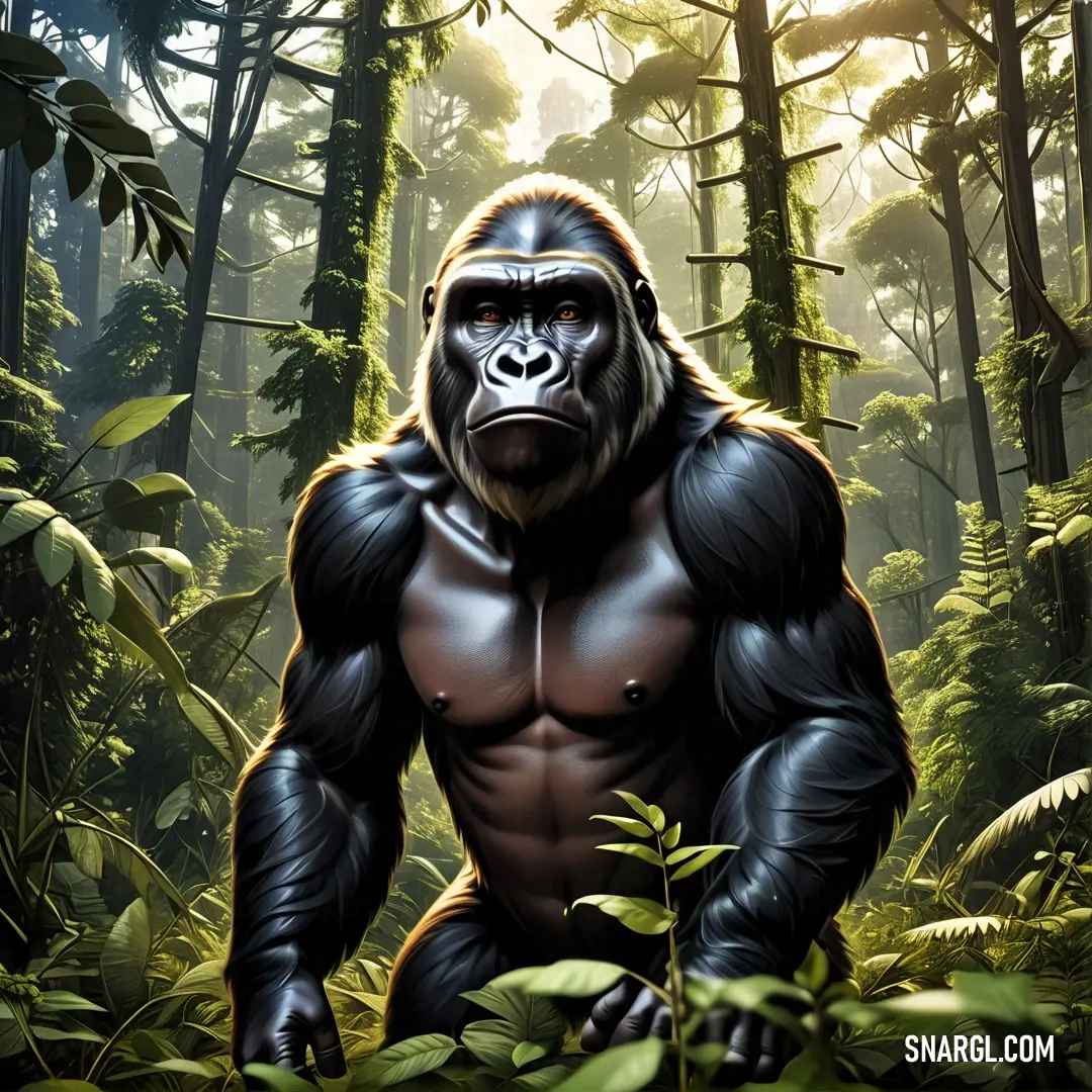 Gorilla standing in the middle of a forest with trees and plants around it