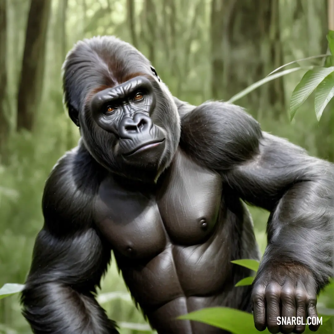 Gorilla standing in the middle of a forest with trees in the background