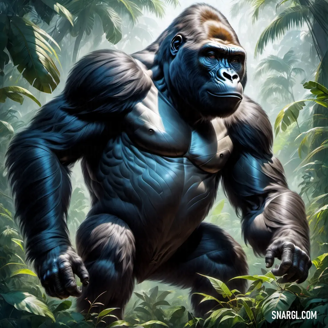 Gorilla standing in the middle of a jungle with trees and plants around it's sides and a light blue body