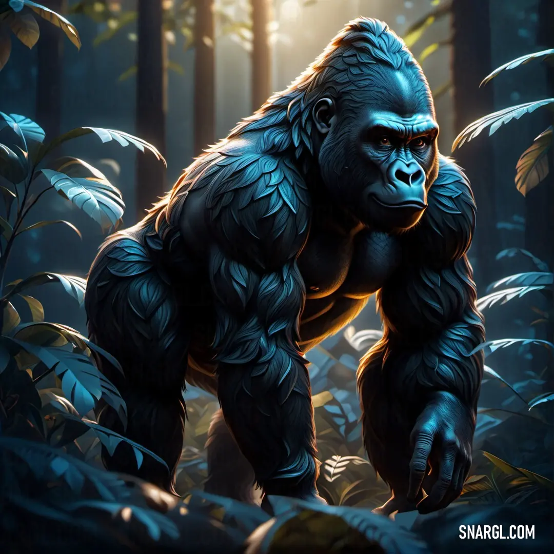 Gorilla standing in the middle of a forest with trees and plants around it
