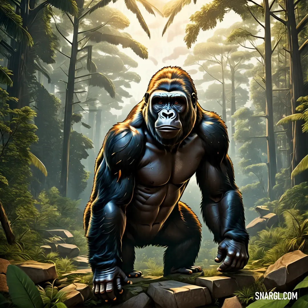 Gorilla standing in the middle of a forest with trees and rocks in the background