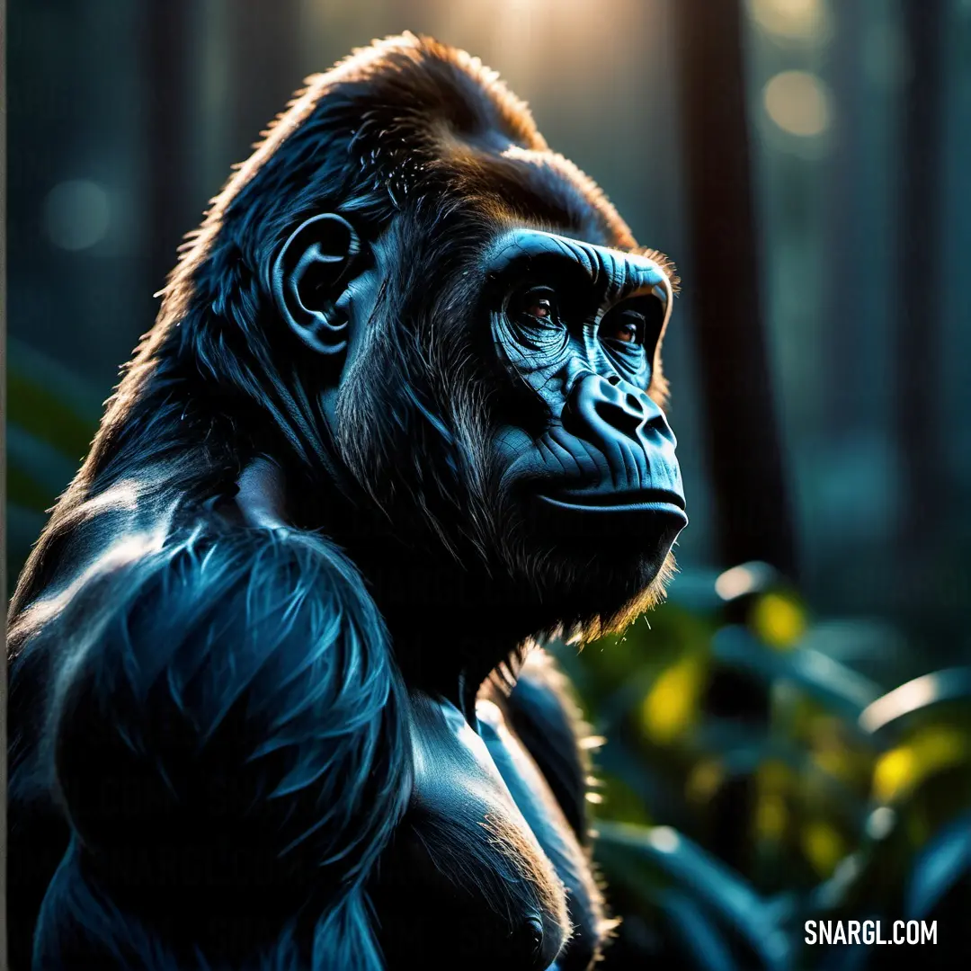 Gorilla standing in the middle of a forest with a bright light shining on it's face and back