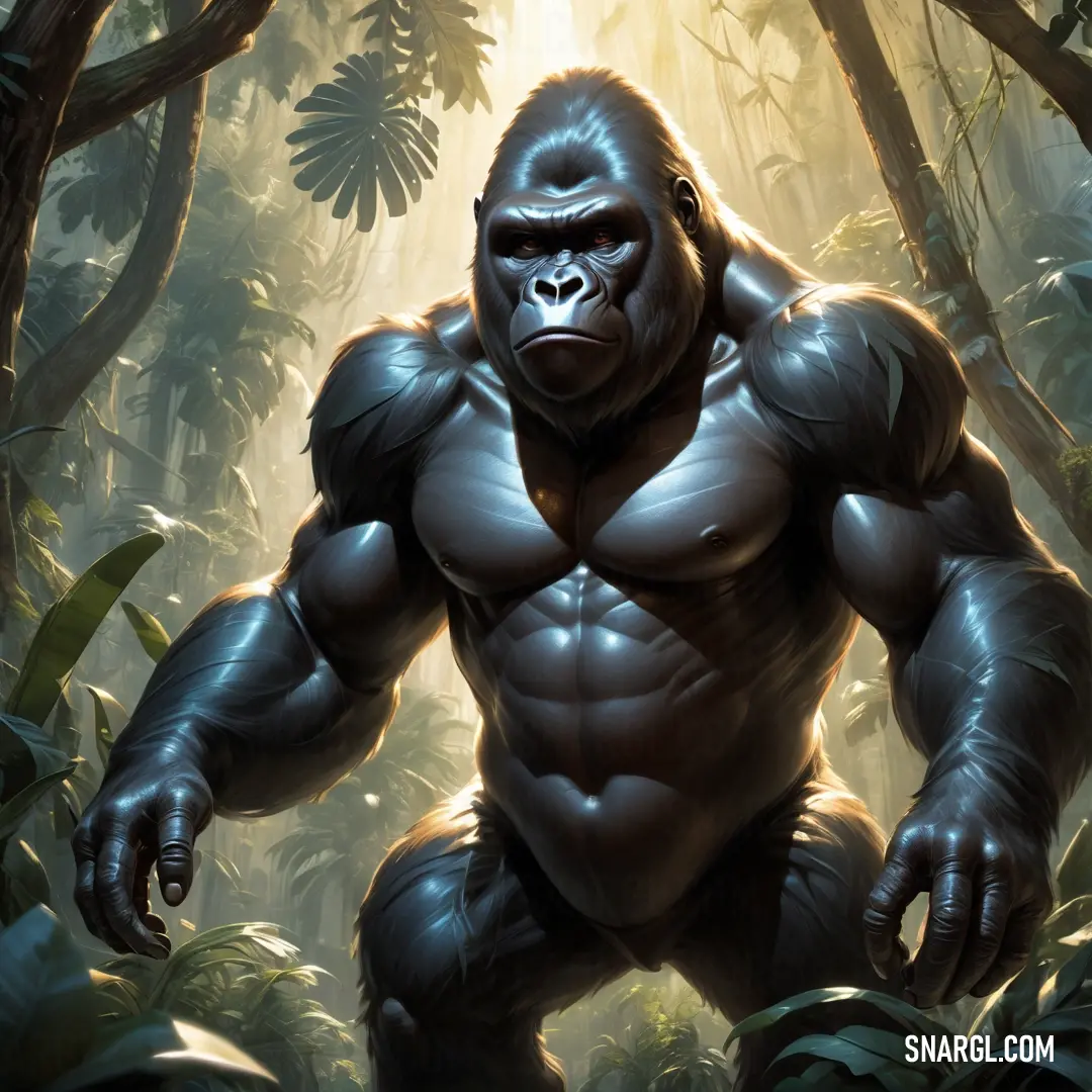 Gorilla standing in a jungle with trees and plants in the background