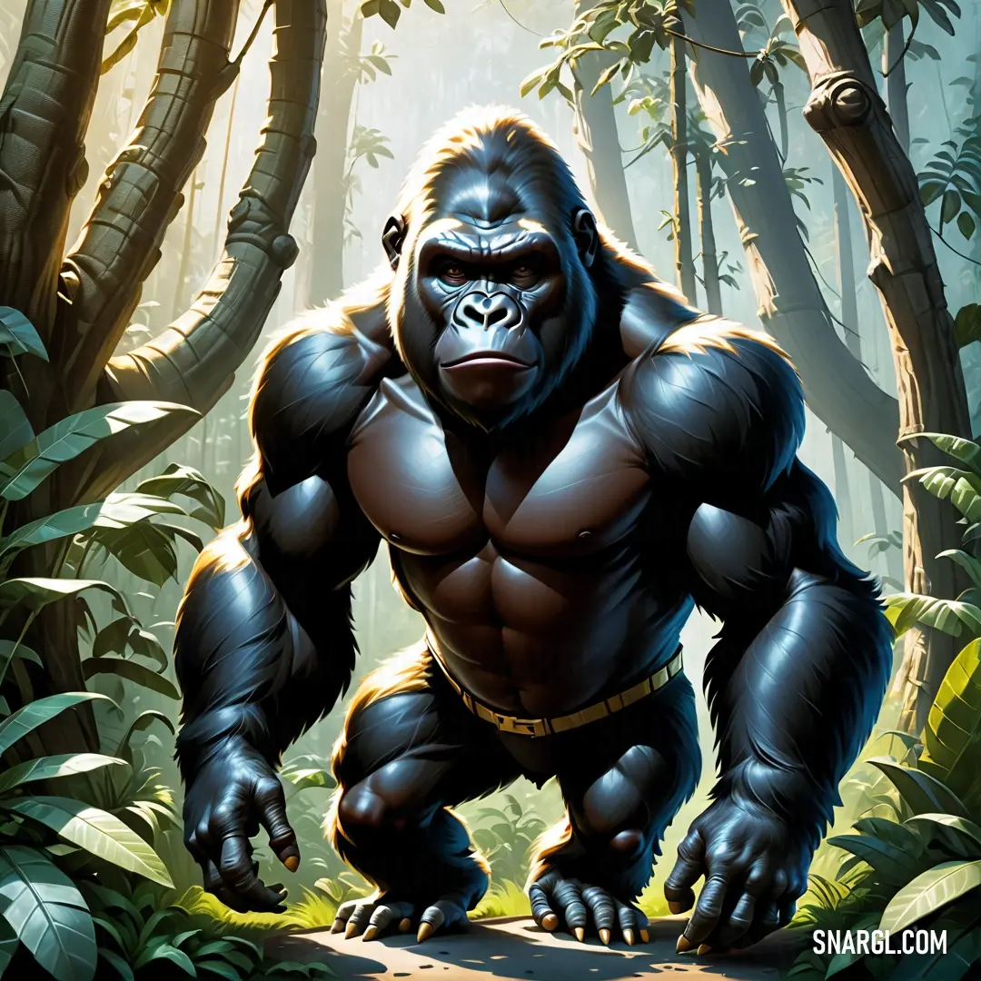 Gorilla standing in the middle of a forest with trees and bushes behind it