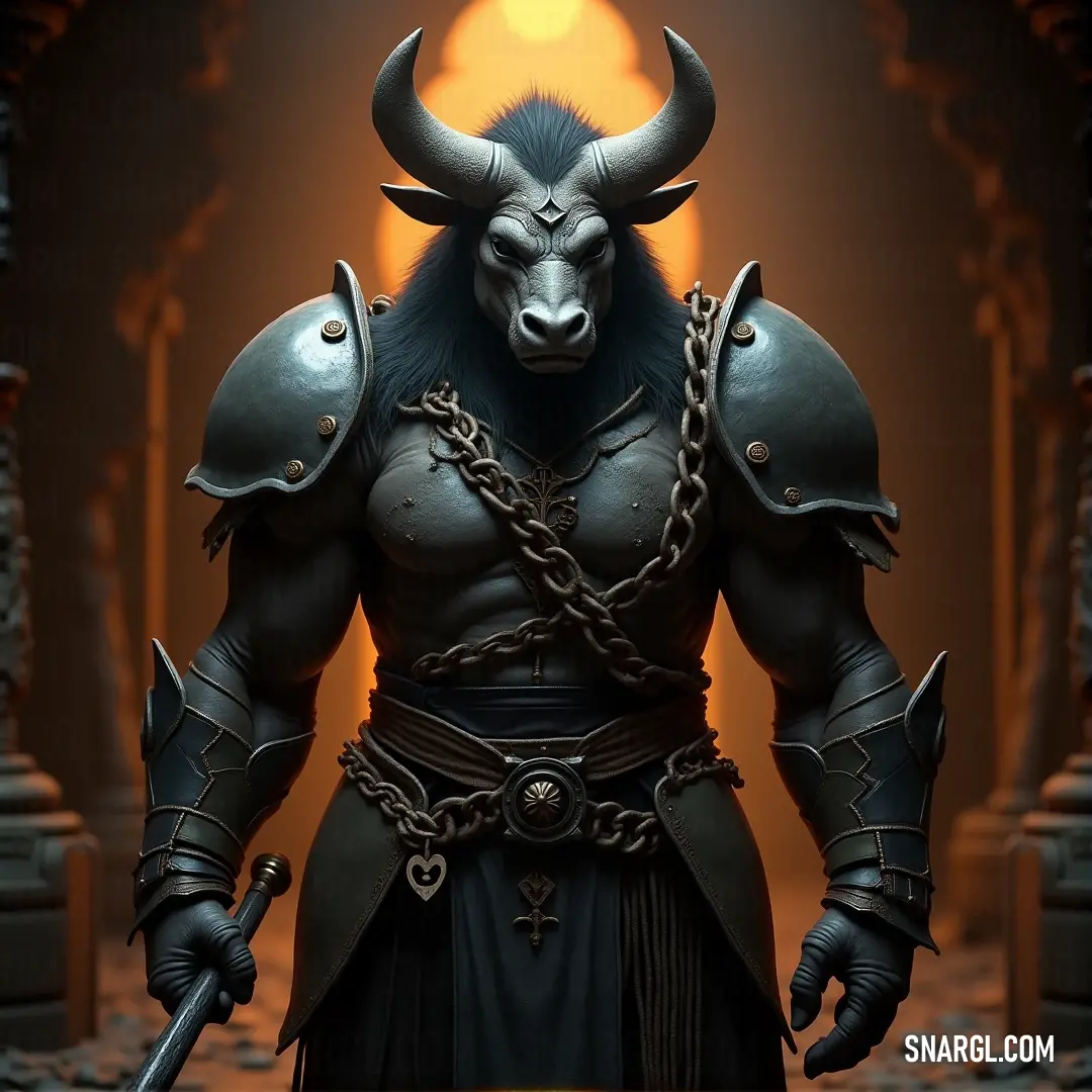 A warrior in chains and horned armor stands tall, their fierce gaze and detailed outfit reflecting strength and dominance. A fierce character dressed in heavy armor and chains, with horns adorning their face and shoulders, stands in a commanding pose. The intense expression and detailed outfit enhance the character's imposing and battle-ready presence.
