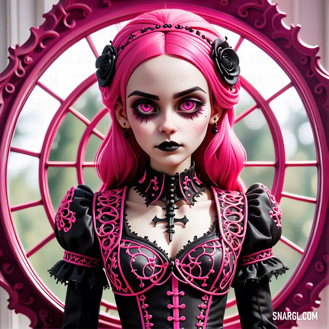 Doll with pink hair and black makeup is standing in front of a pink mirror with a pink frame