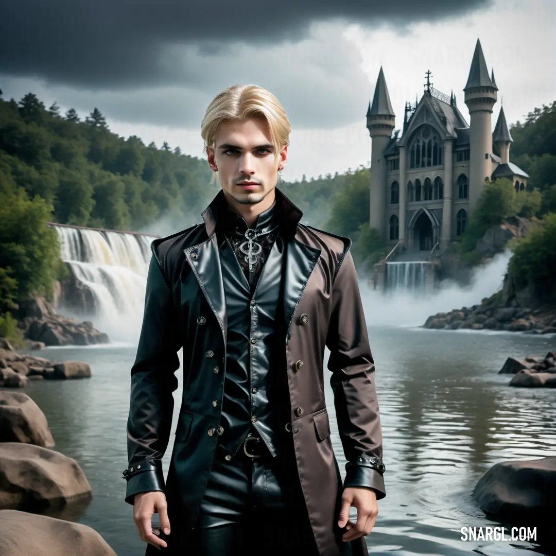 Man in a leather outfit standing in front of a waterfall and castle