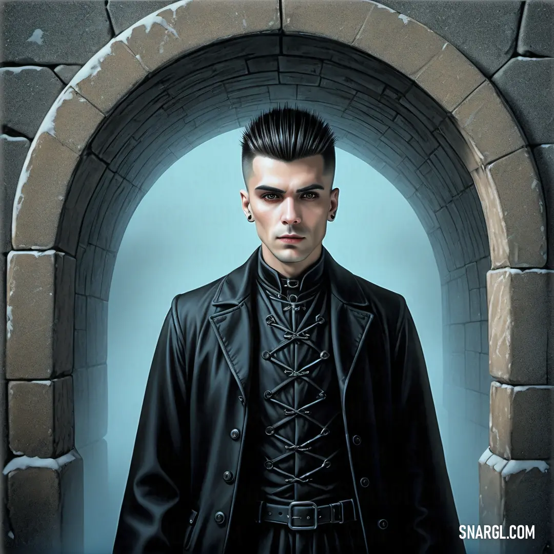 Man with a black coat and a black shirt and a black tie and a black jacket and a brick archway