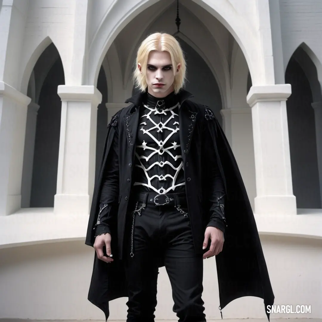 Man with blonde hair and a black coat and black pants and a black shirt and a black cape