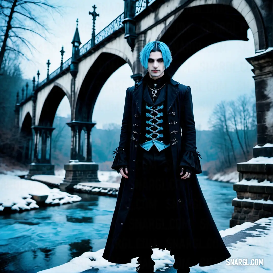 Man with blue hair standing in front of a bridge in the snow wearing a long coat and a hat