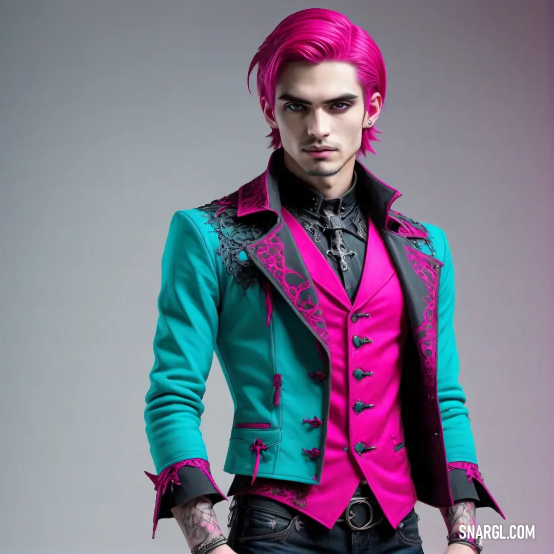 Man with pink hair and a blue jacket on a runway wearing black pants and a pink shirt and black shoes