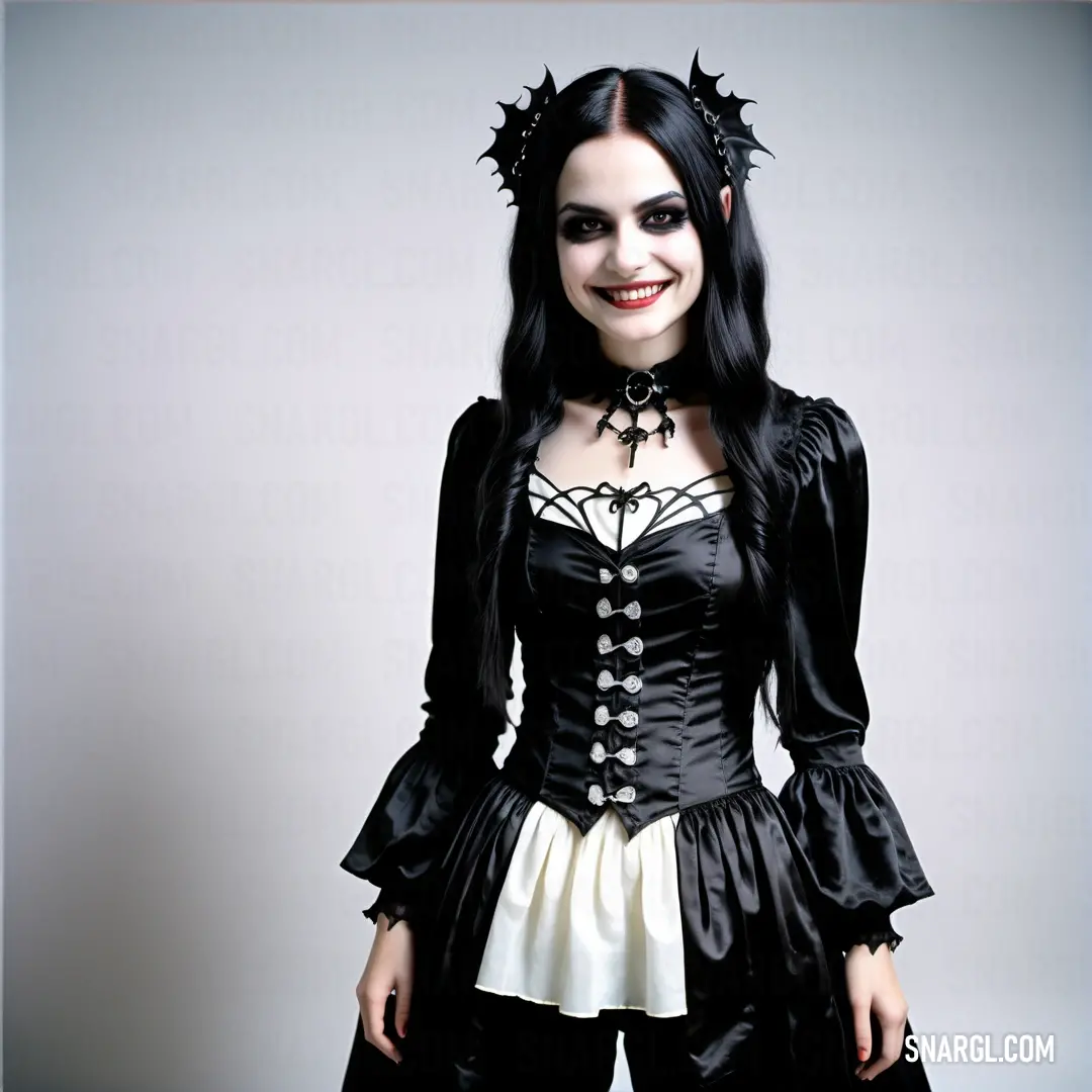 Woman dressed in a gothic costume posing for a picture with a smile on her face and black hair