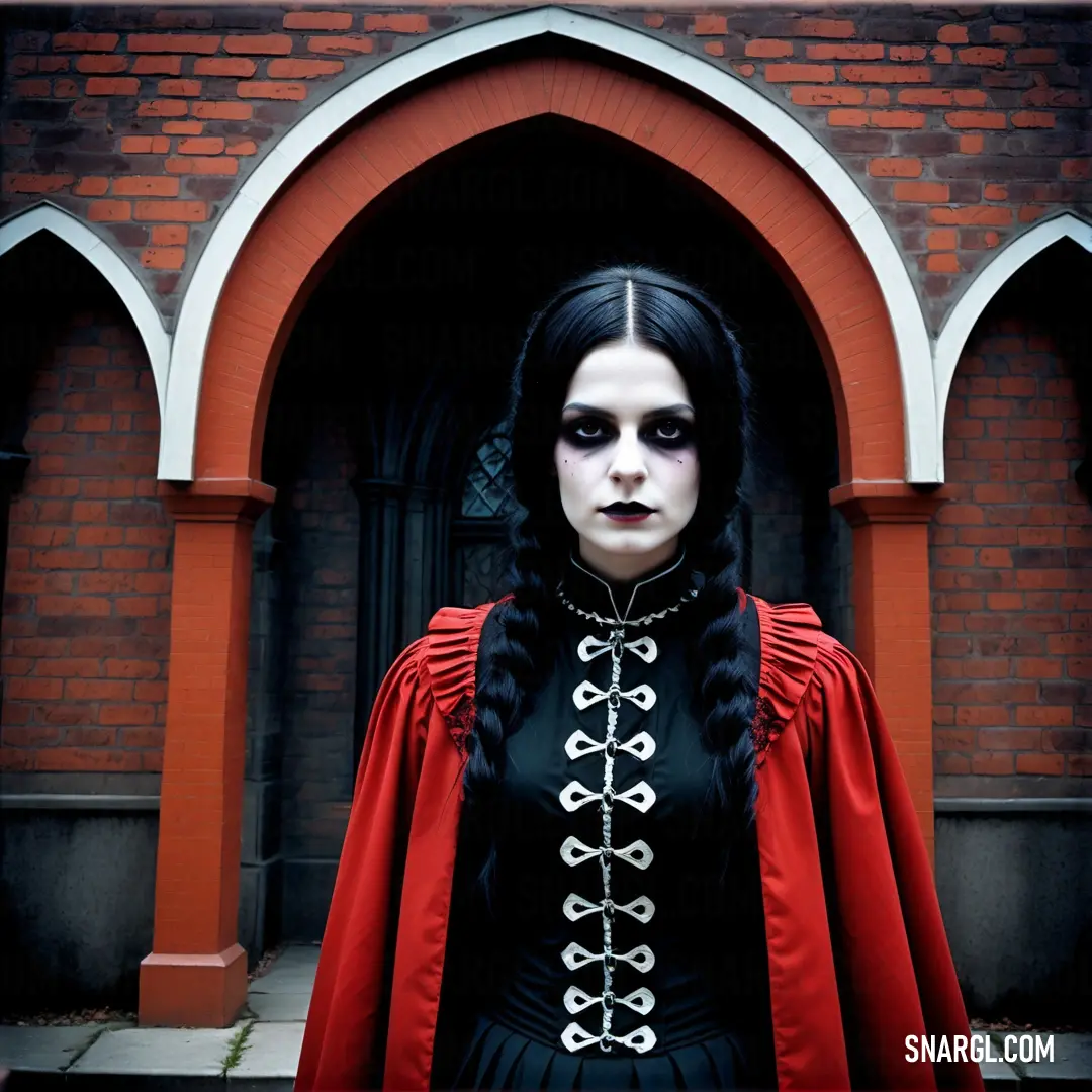 Woman dressed in a gothic costume standing in front of a building with a gothic look on her face