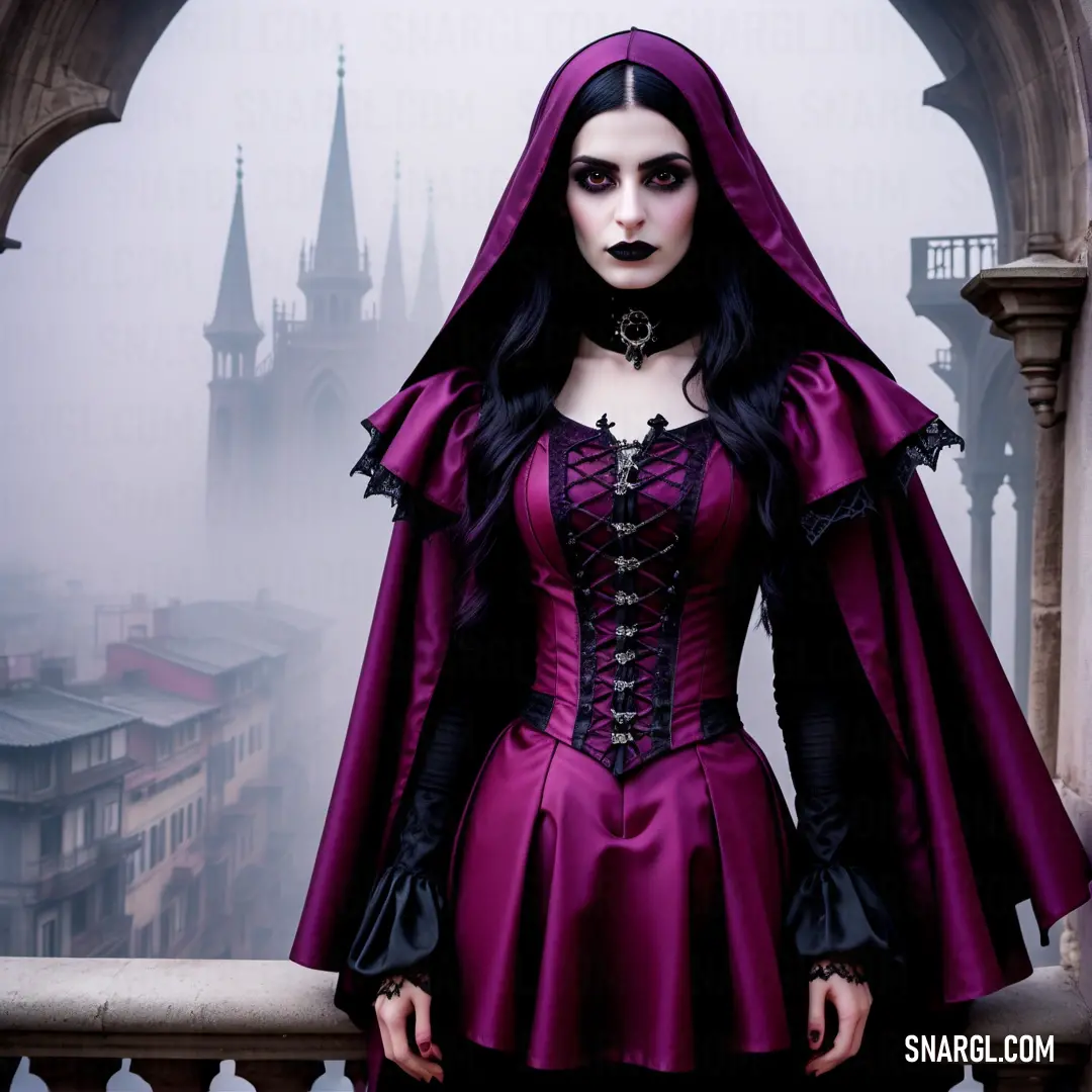 Woman dressed in a gothic costume standing on a balcony with a gothic castle in the background and fog in the air