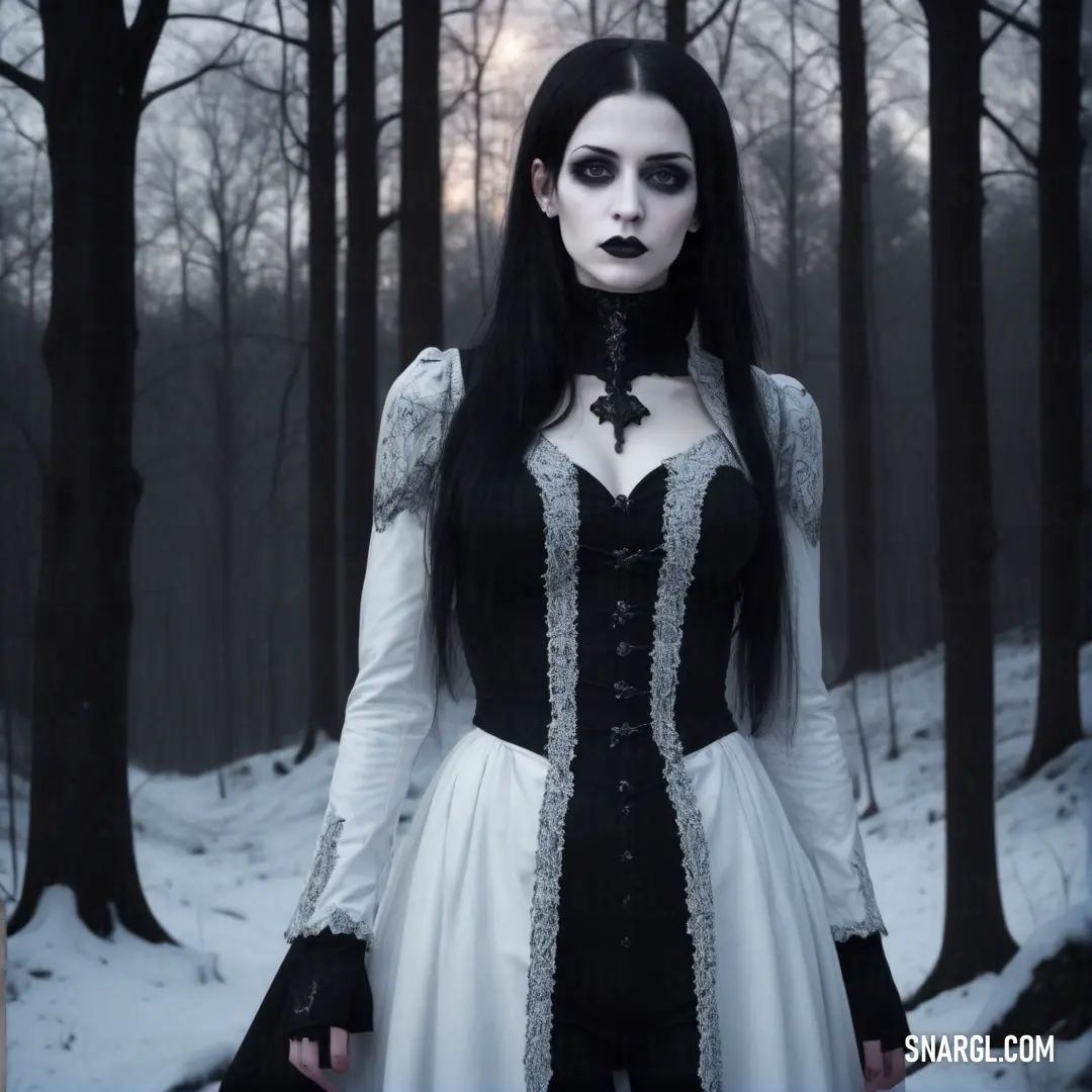 Woman dressed in a gothic costume in the woods with snow on the ground and trees in the background