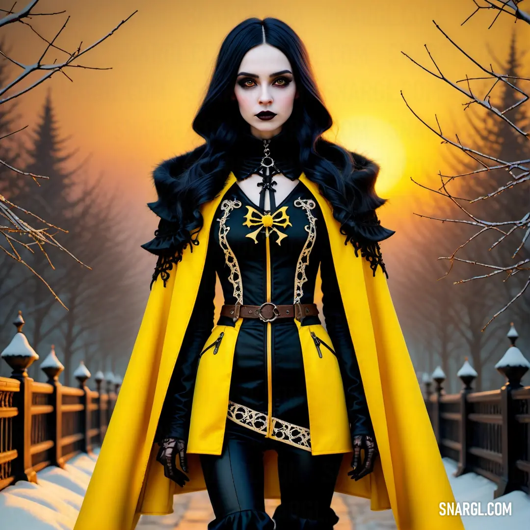 Woman dressed in a yellow and black outfit and cape with a black and gold belt