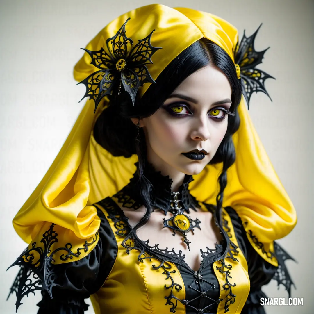 Woman dressed in a yellow and black costume with a black headpiece
