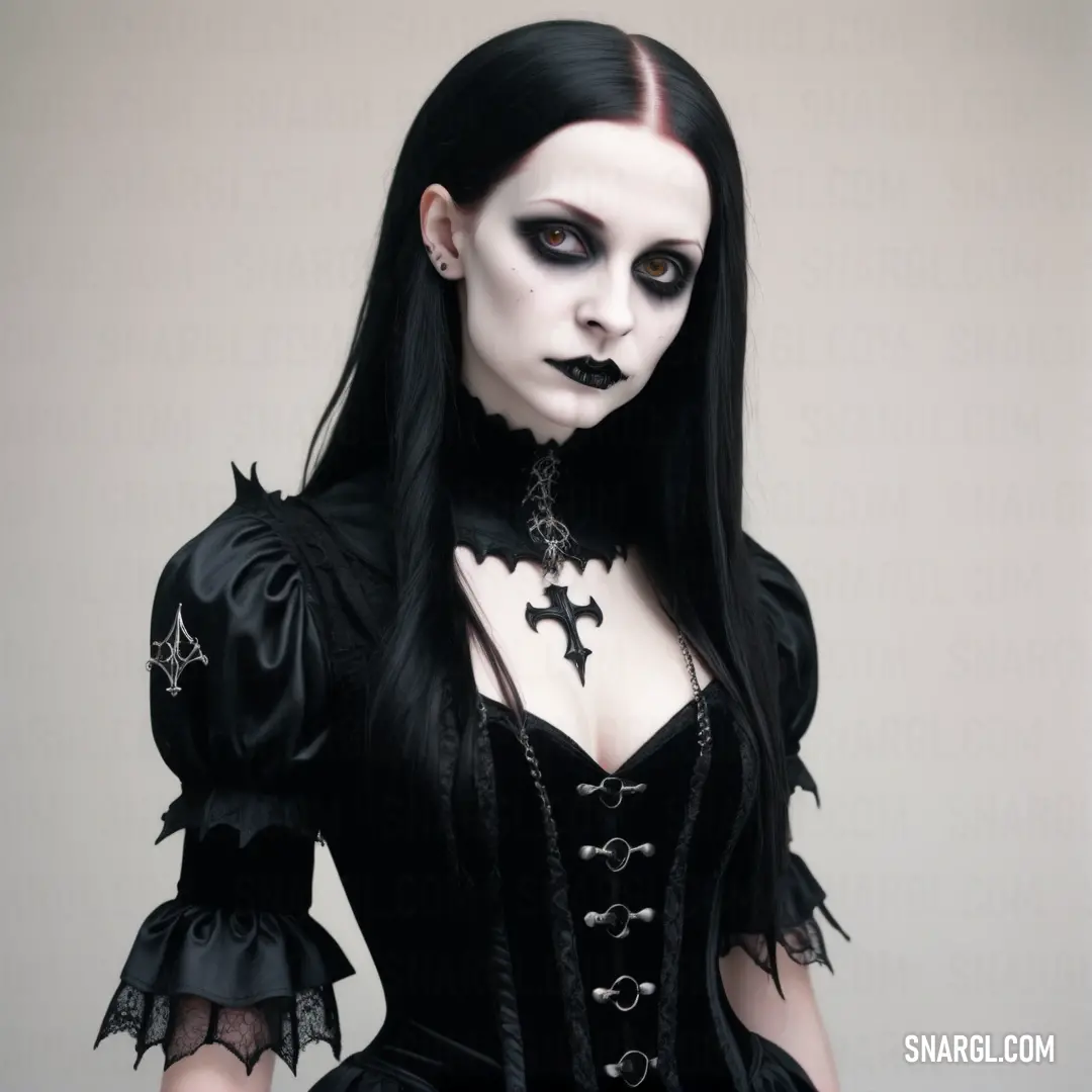 Woman dressed in black with a cross on her chest and black hair and makeup