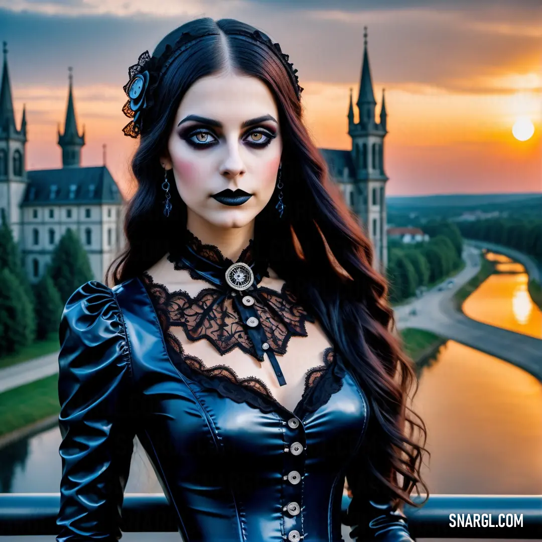 Woman in a black corset and gothic makeup stands in front of a castle with a river and a sunset