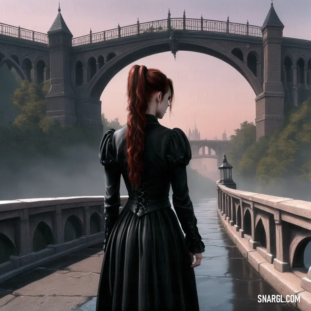 Woman in a black dress looking out over a bridge at a river and a bridge with a bridge in the background