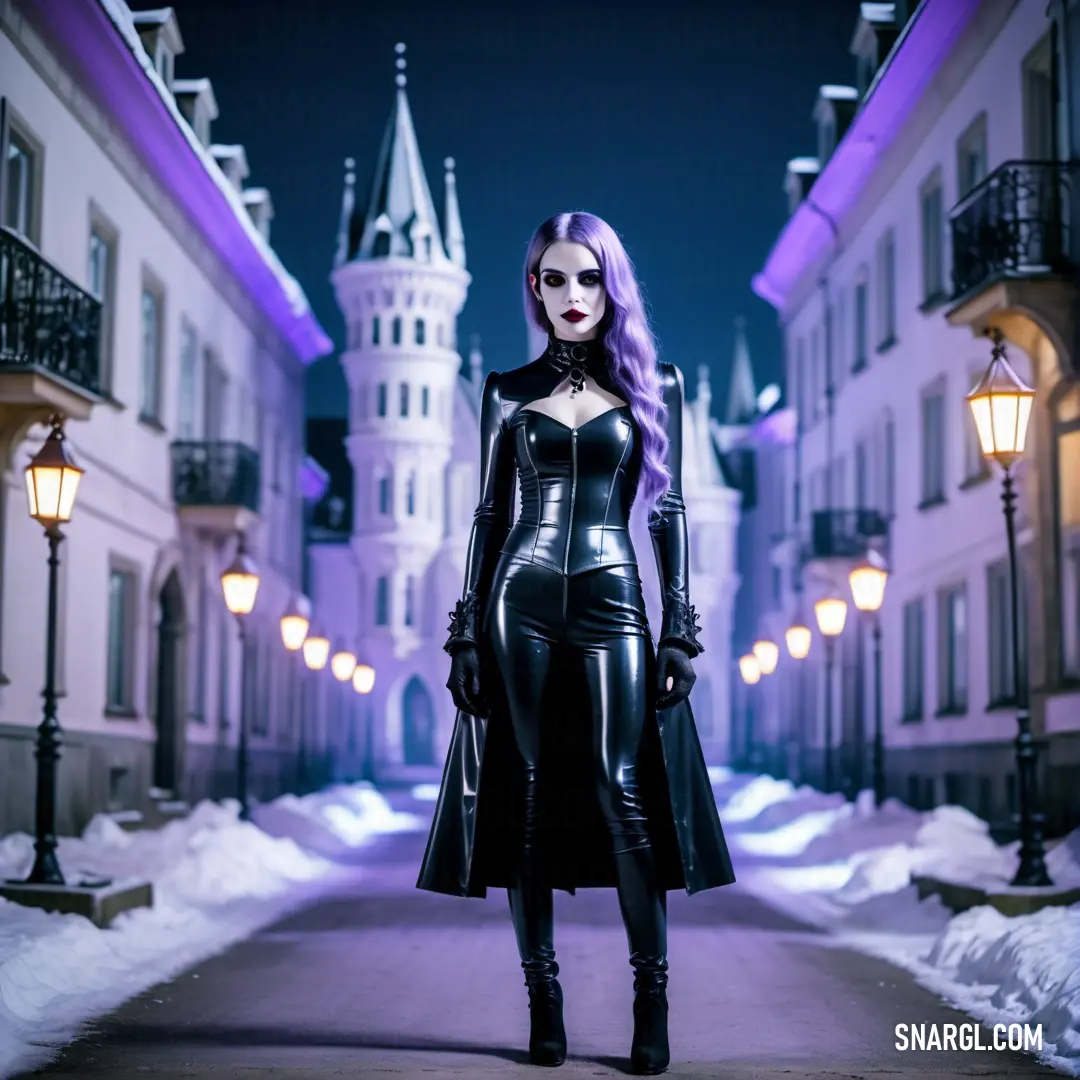 Woman in a black leather outfit and boots standing in a street at night with a castle in the background