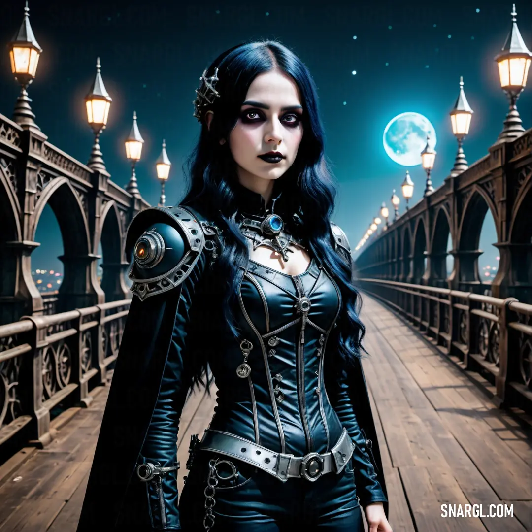 Woman in a black outfit standing on a bridge at night with a full moon in the background