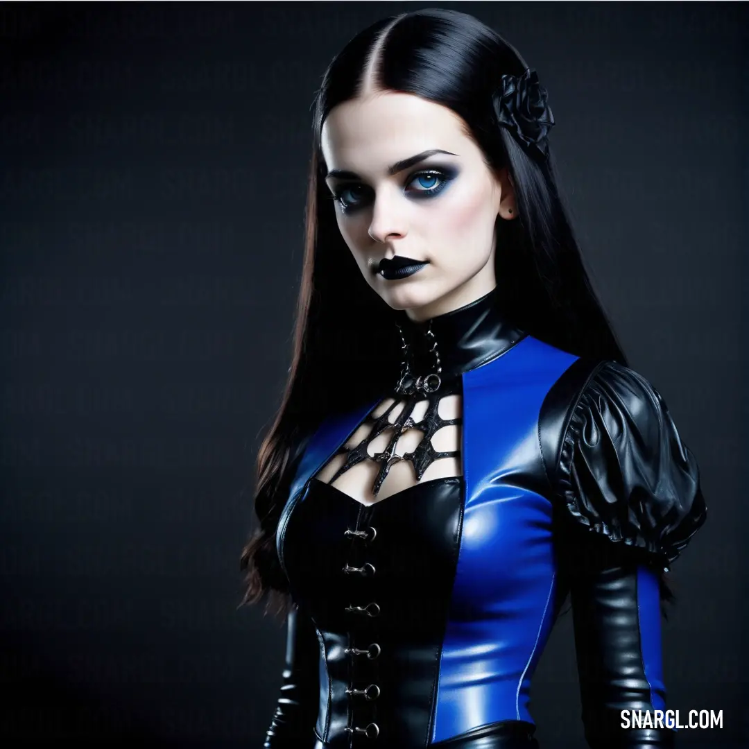 Woman in a blue and black outfit with black gloves and a black choker on her neck and shoulder