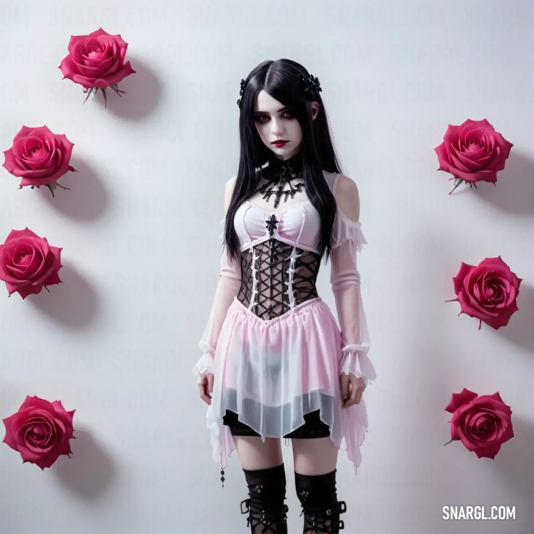 Woman in a corset and stockings standing in front of roses with a knife in her hand