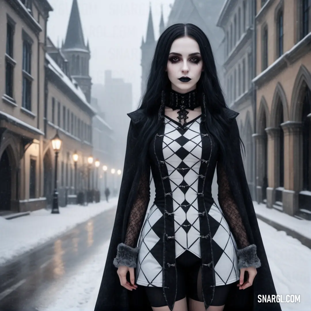 Woman in a gothic costume standing in the snow in a city street with gothic gothic clothing and gothic gothic clothing
