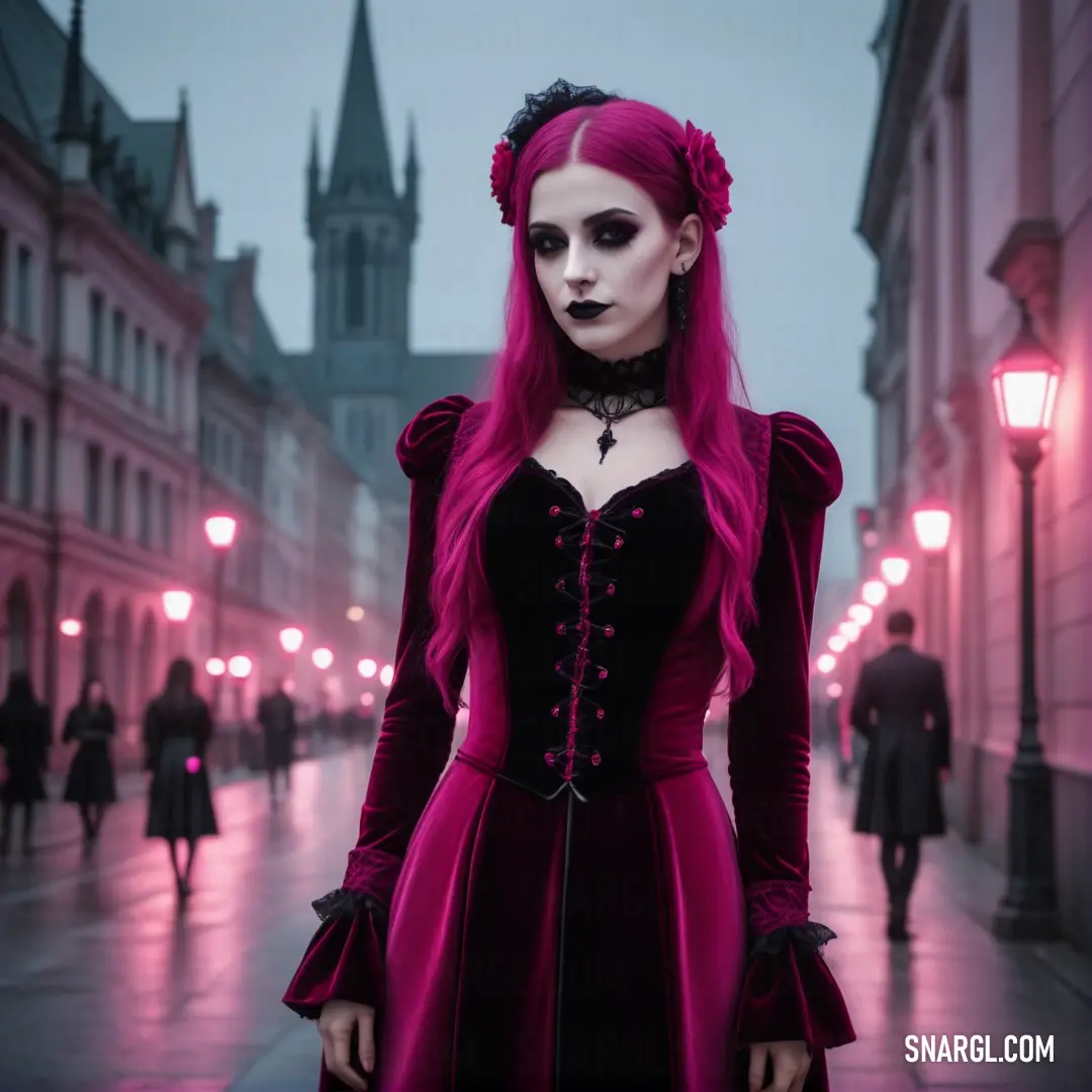 Woman in a gothic costume standing on a street at night with a gothic look on her face and hair