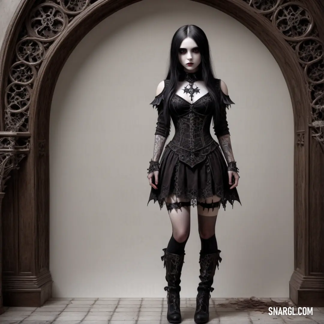 Woman in a gothic costume standing in front of a arch with a cross on it's chest