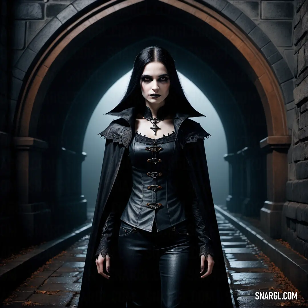 Woman in a gothic costume is standing in a tunnel with a black cloak on her shoulders