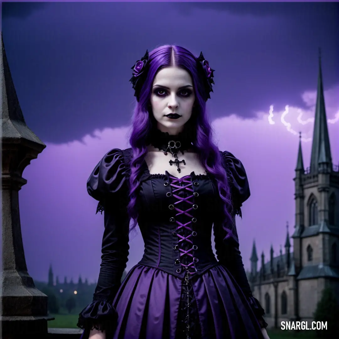 Woman in a gothic dress standing in front of a castle with a lightning in the background and a purple sky