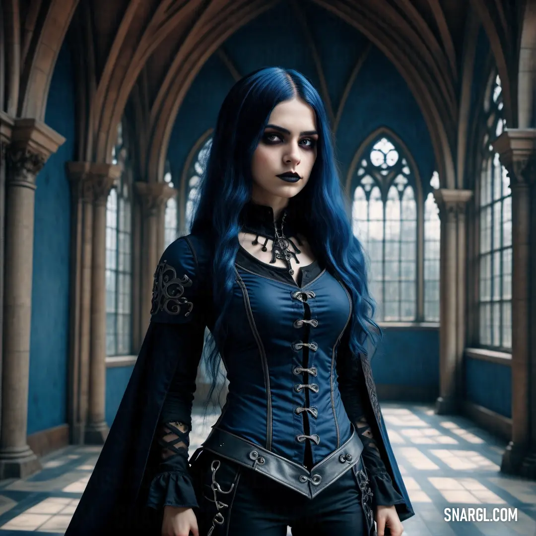 Woman in a gothic outfit standing in a room with a gothic look on her face and shoulders