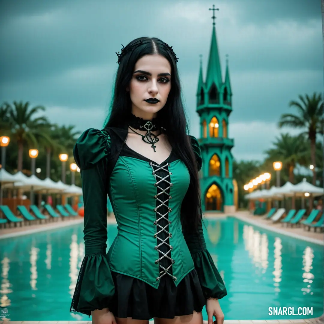 Woman in a green corset standing in front of a pool with a clock tower in the background