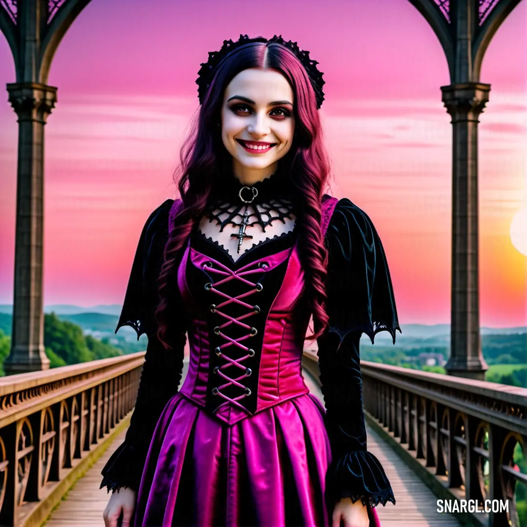 Woman in a purple dress standing on a bridge with a pink sky in the background