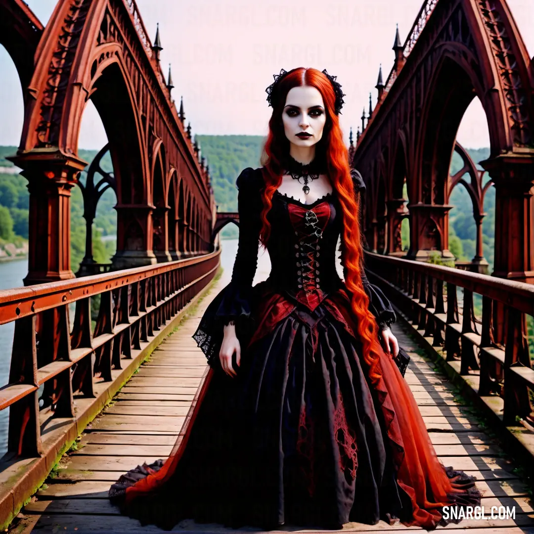 Woman in a red and black dress is standing on a bridge with a gothic - inspired dress on