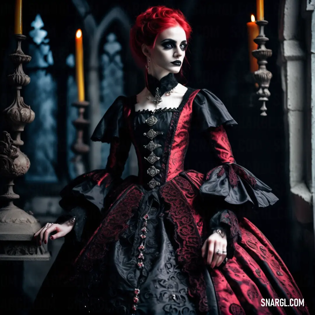 Woman in a red and black dress standing in a gothic setting with candles in the background