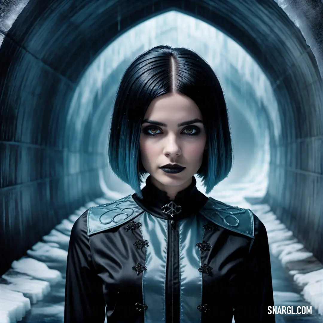 Gothic woman with black hair and a black jacket is standing in a tunnel with snow on the ground and a light shining on her face