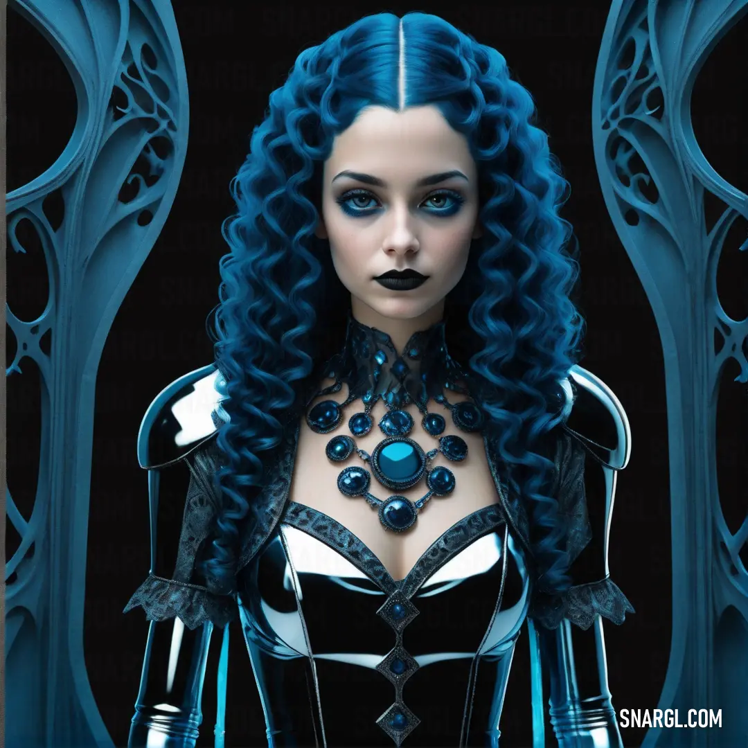 Woman with blue hair and a black dress with a blue collar and a black choker and a black and white dress
