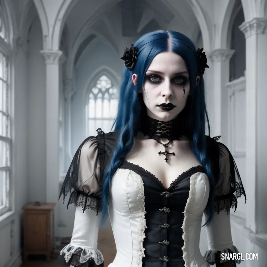 Woman with blue hair and black makeup wearing a corset and black gloves and a gothic dress
