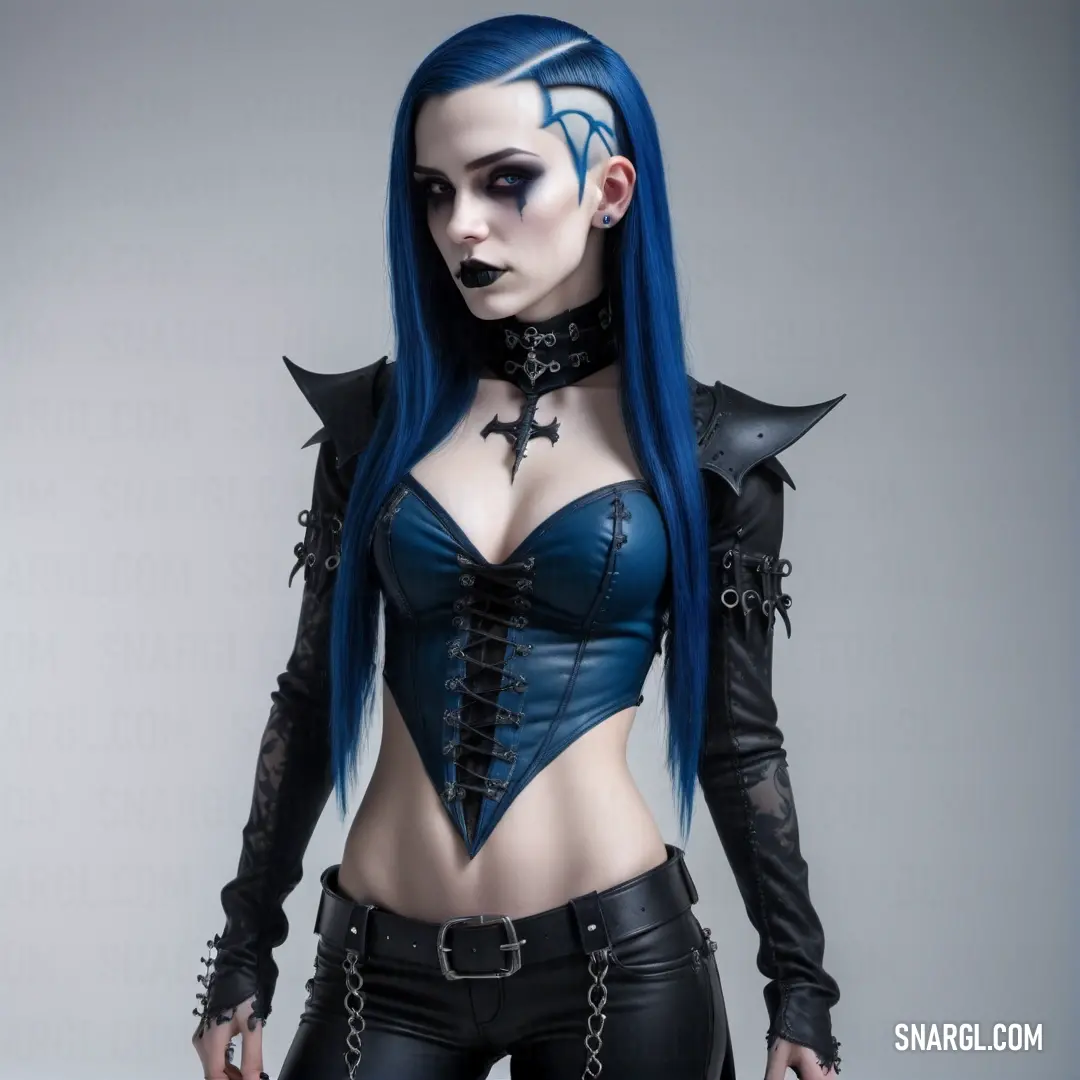 Woman with blue hair and black leather outfit posing for a picture
