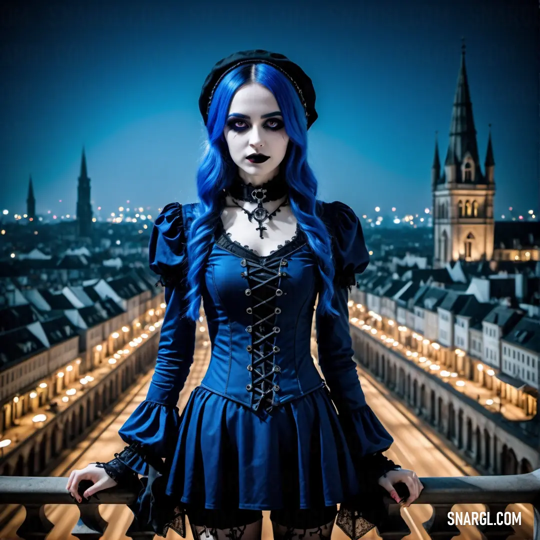 Woman with blue hair and makeup wearing a blue dress and a gothic costume stands on a balcony overlooking a city