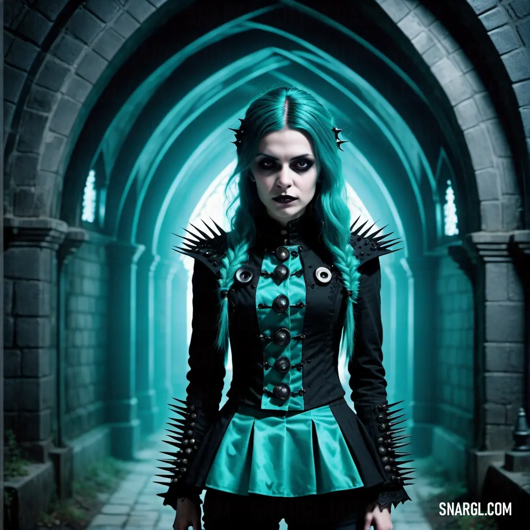 Woman with green hair and black clothes in a tunnel with a light blue background and a black
