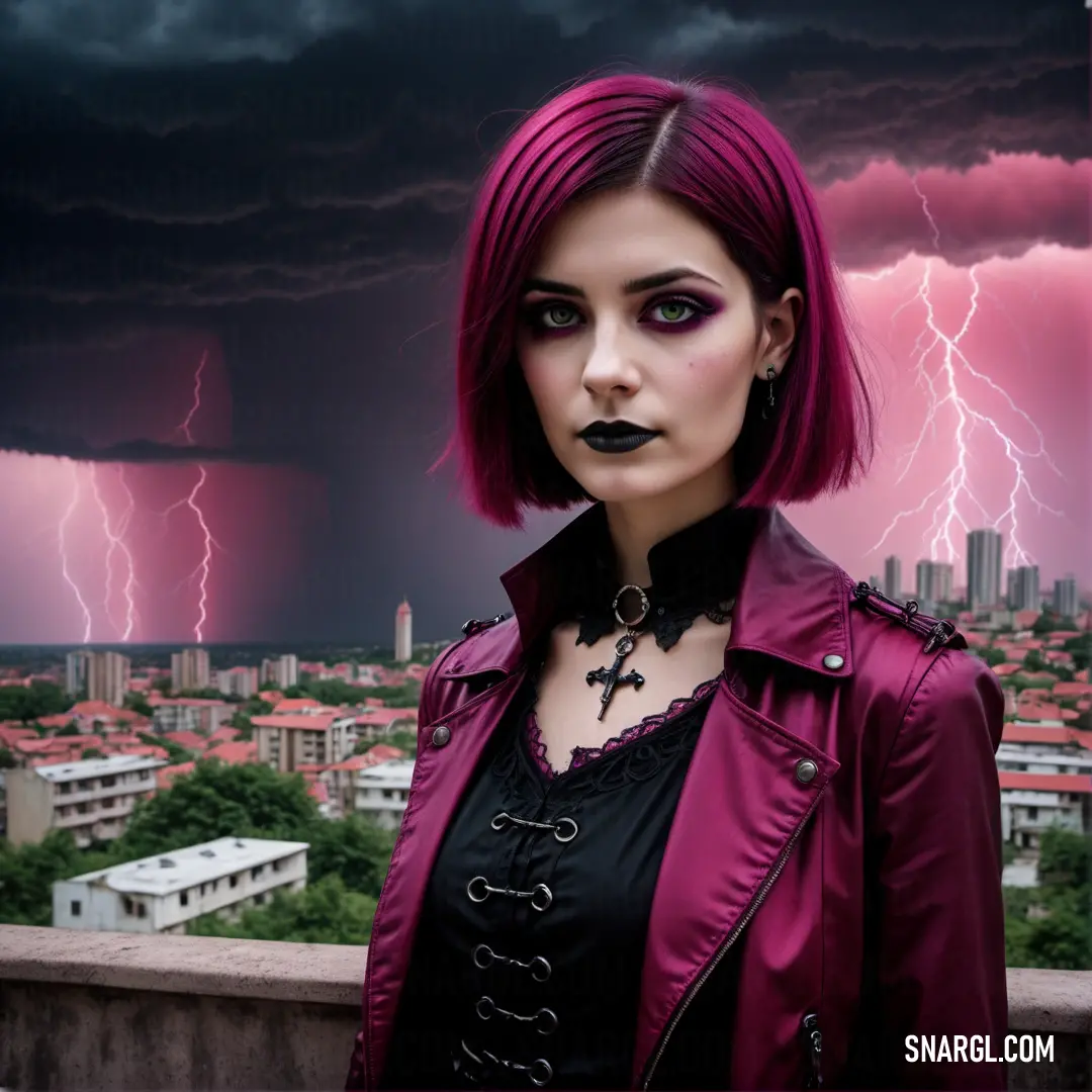 Woman with pink hair and black makeup standing in front of a city with lightning in the background