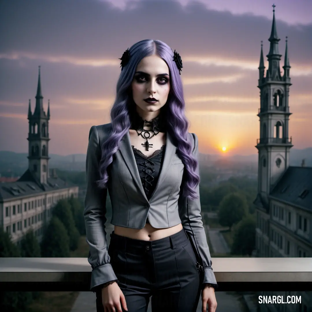 Woman with purple hair and a suit on a balcony overlooking a city at sunset with a clock tower