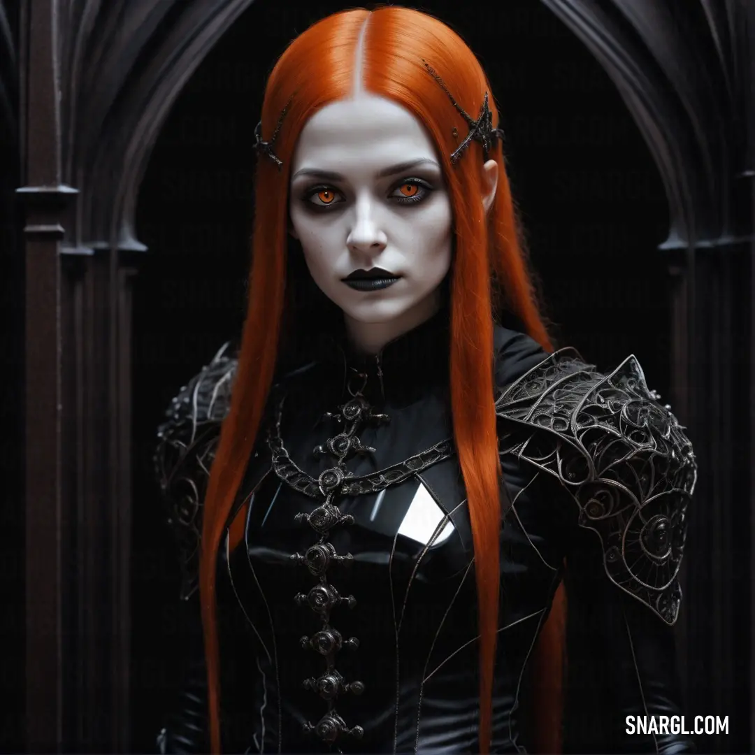 Woman with red hair and black makeup wearing a black outfit and a gothic look with a gothic look
