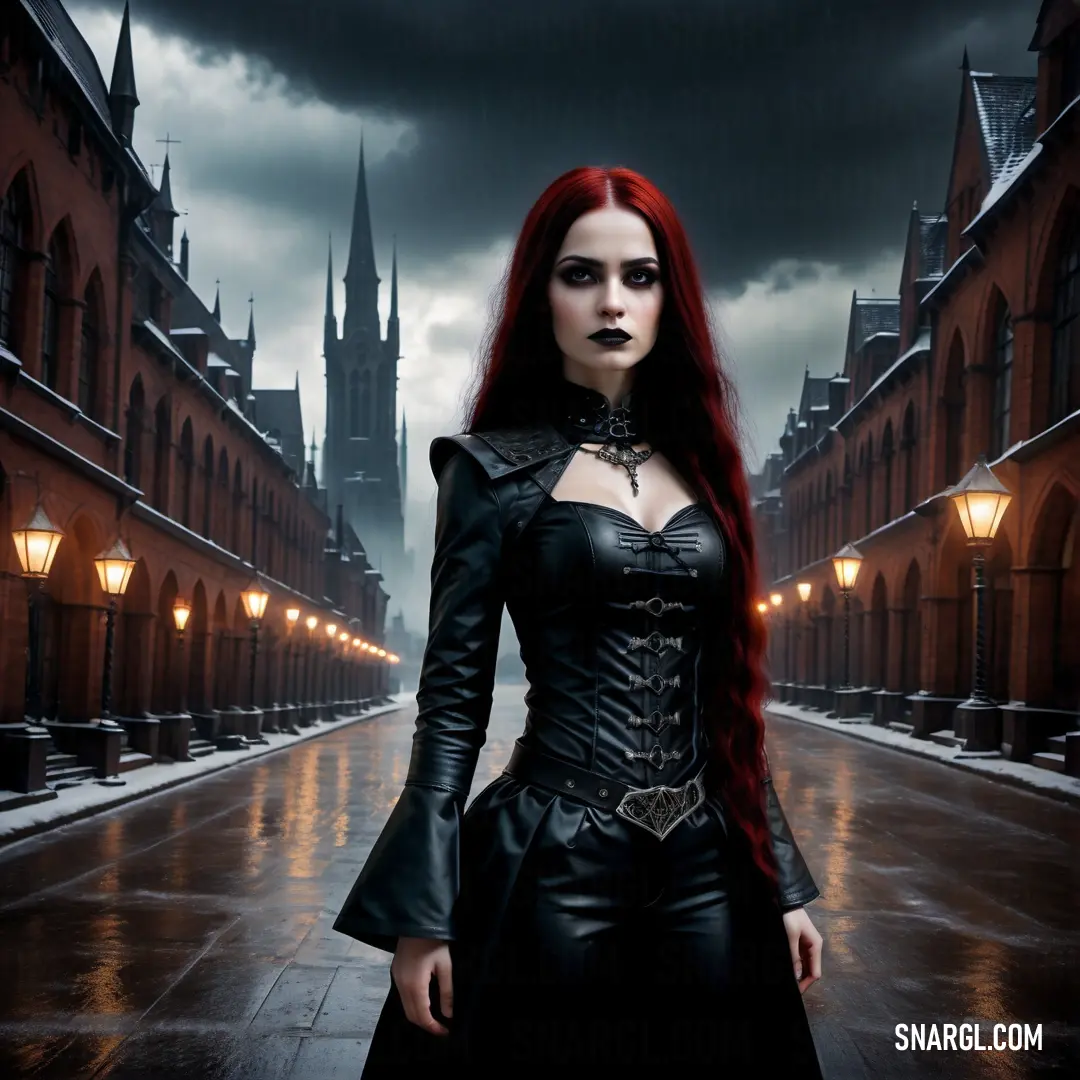 Woman with red hair and black clothes standing in a street with a gothic - inspired background