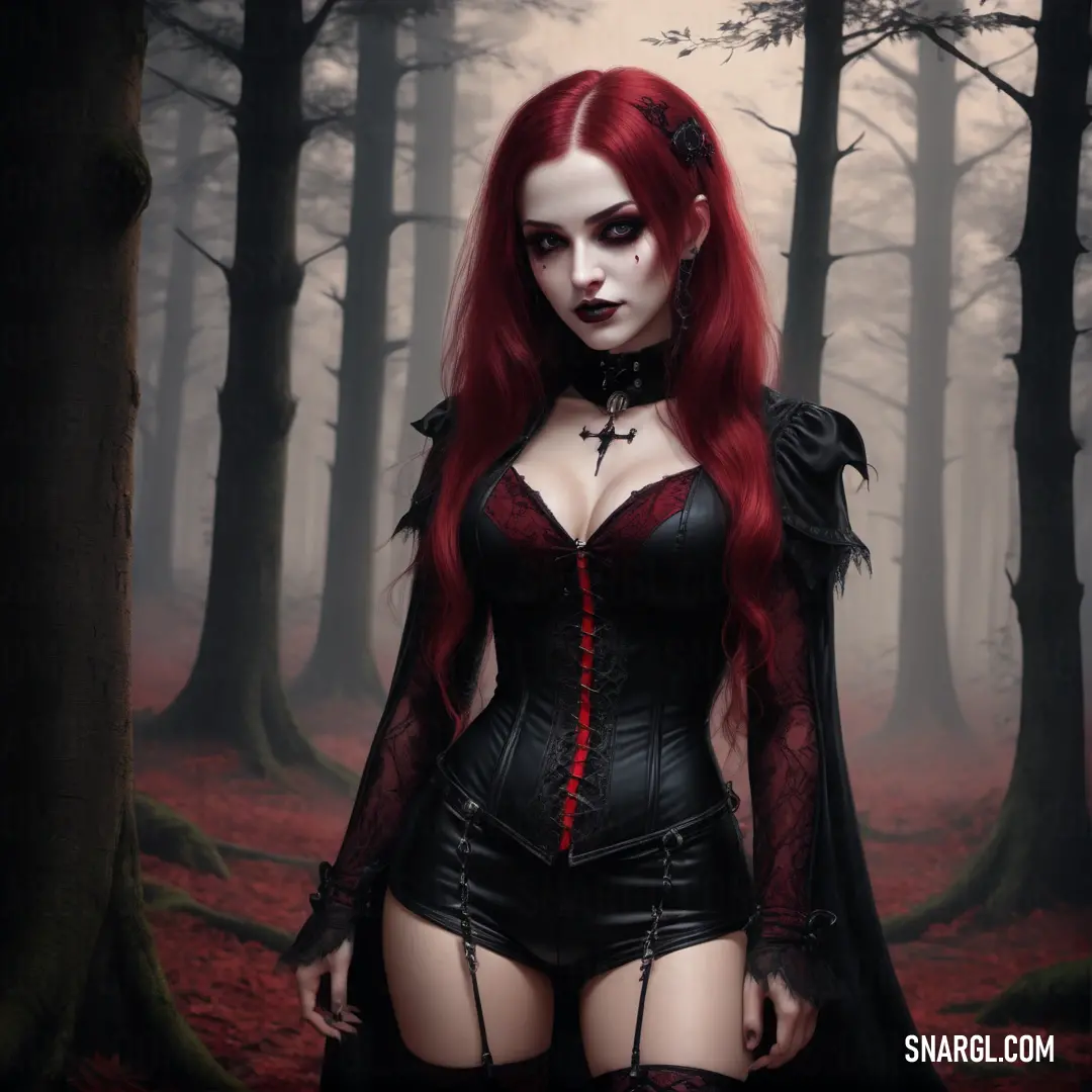 Woman with red hair and black lingerie in a forest with trees and leaves
